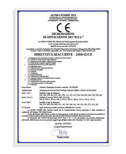 Alpha Pompe | Direttiva macchine Attuatori pneumatici rotanti