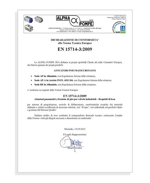 Alpha Pompe | Dichiarazione di conformità EN 15714-3:2009