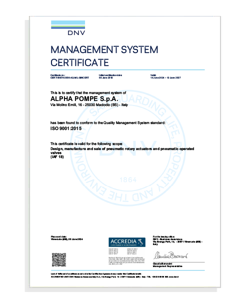 Certificato iso 9001:2015 Alpha Pompe