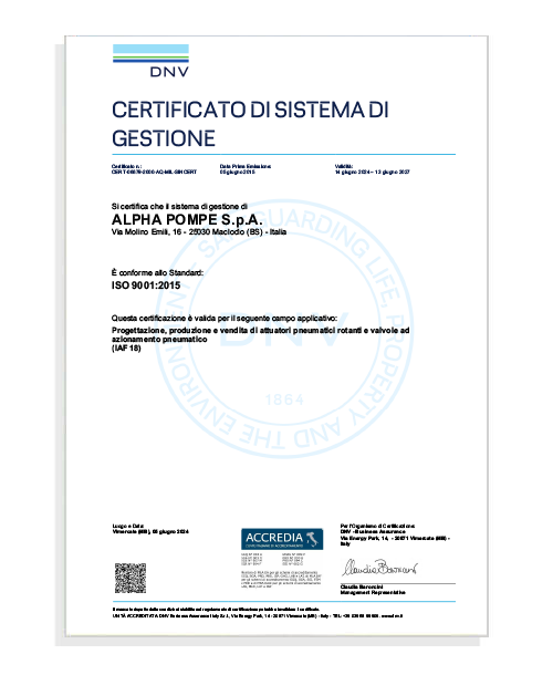Certificato iso 9001:2015 Alpha Pompe