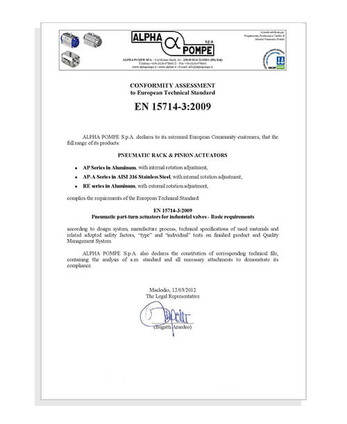 Alpha Pompe | EN 15714-3:2009 Pneumatic Rack & Pinion