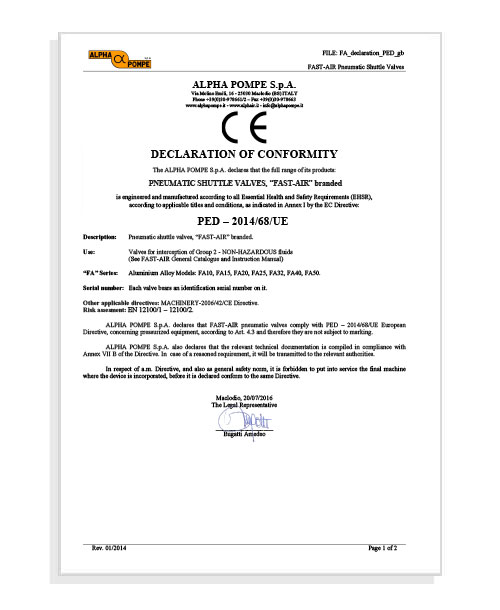 Alpha Pompe | Declaration of conformity PED Pnaumatic Valves Fastair