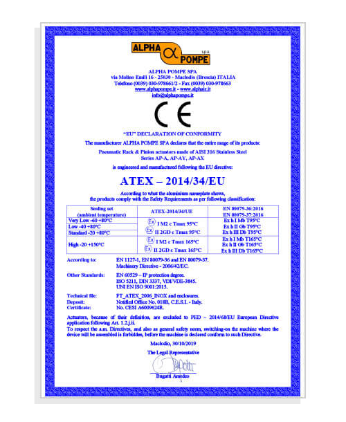 Alpha Pompe - Declaration Atex - Steel pneumatic Rack & Pinion actuators