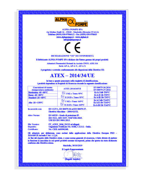 Alpha Pompe Dichiarazione Atex 2019 - Attuatori pneumatici in acciaio