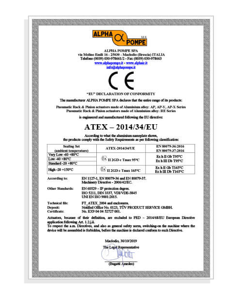 Alpha Pompe - Declaration Atex 2019 - aluminium pneumatic Rack & Pinion actuators