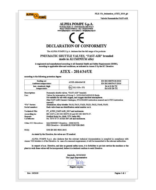 Alpha Pompe - Declaration Atex 2019 - pneumatic valves Fast Air