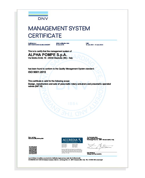 Management System Certificate ISO 9001:2015 - Alpha Pompe S.p.A