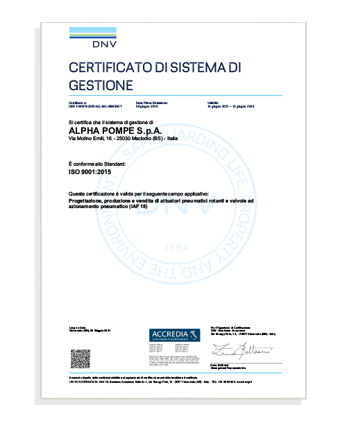 Certificato ISO 9001:2015 - Alpha Pompe S.p.A