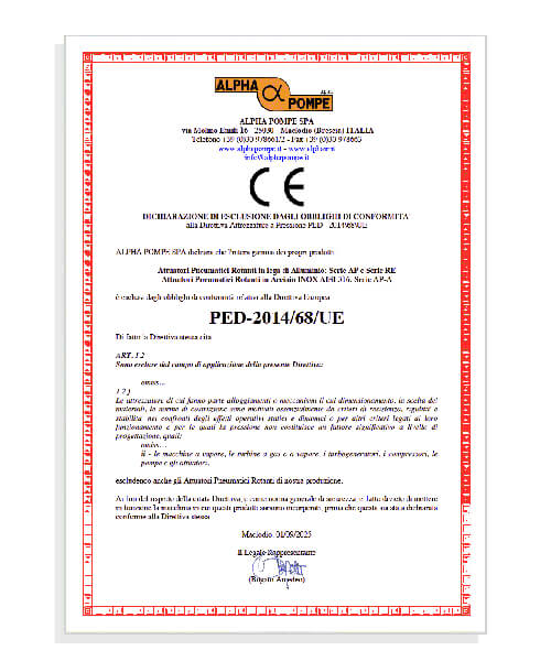 Alpha pompe - certificato PED 2014